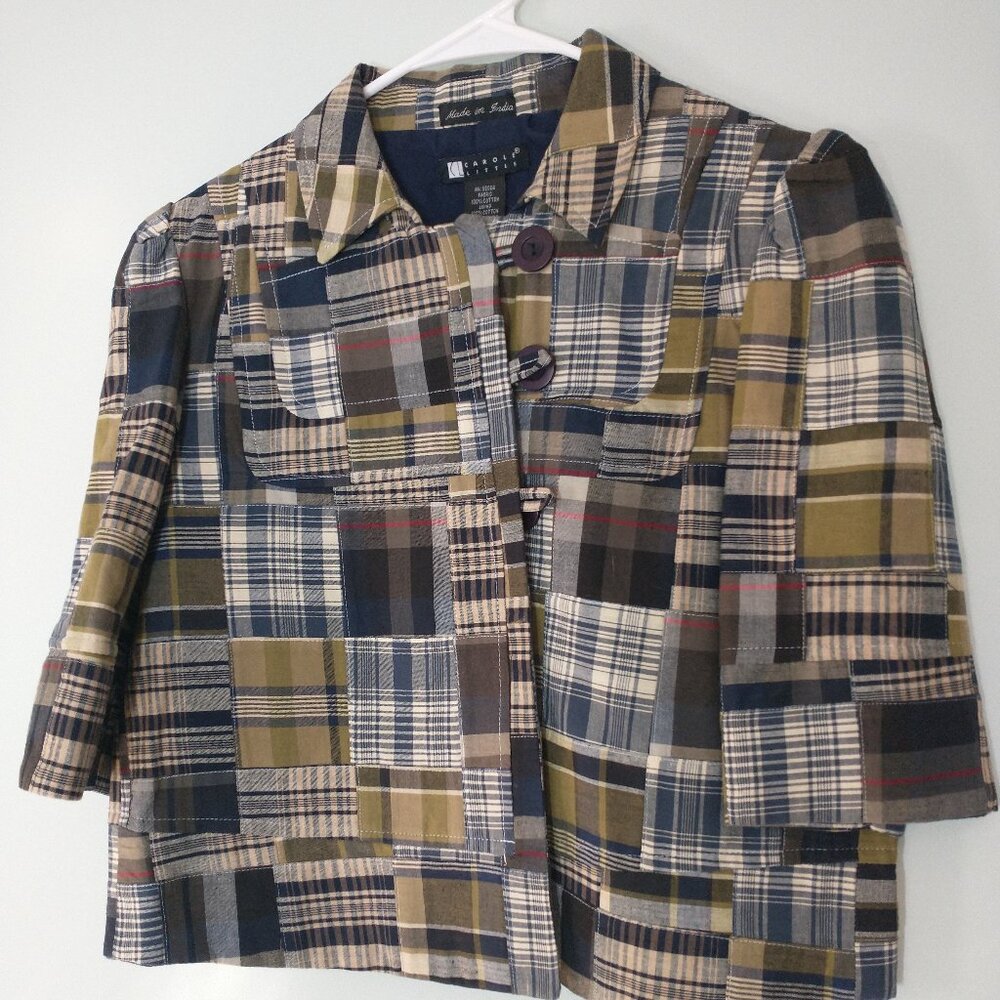 Carole Little Patchwork Plaid Cropped Blazer in Navy, Olive & Cream